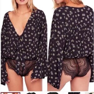 Free people black bell sleeve daisy bodysuit xs